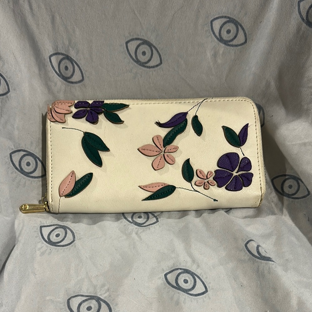 Charming Charlie Cream and Purple Wallet with Floral Design